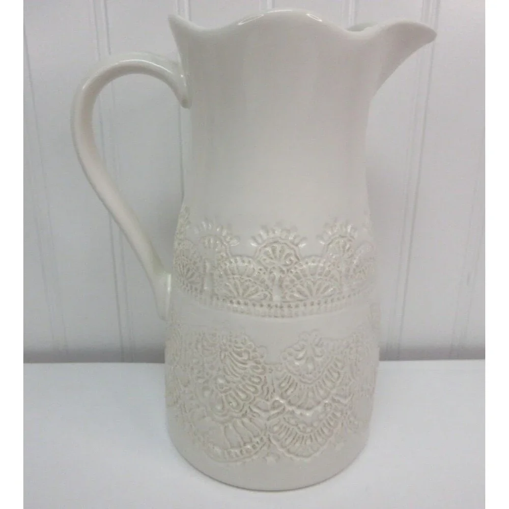 Pioneer Woman Vintage Lace Linen 9 inch White Ceramic Pitcher New